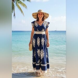 Women's Navy Blue Floral Print V-neck A-line Dress